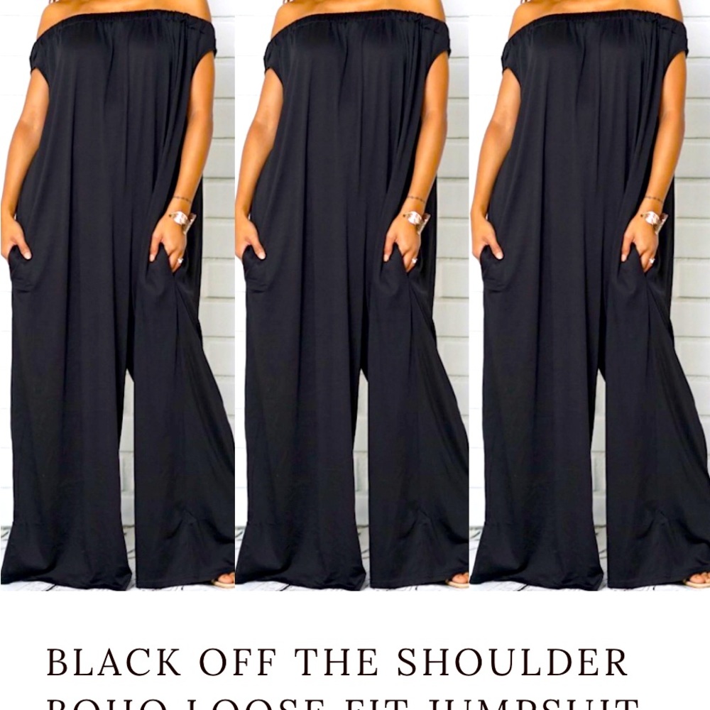 Brand new Boho Off the Shoulder Black Jumpsuit, with pockets and wild legs.